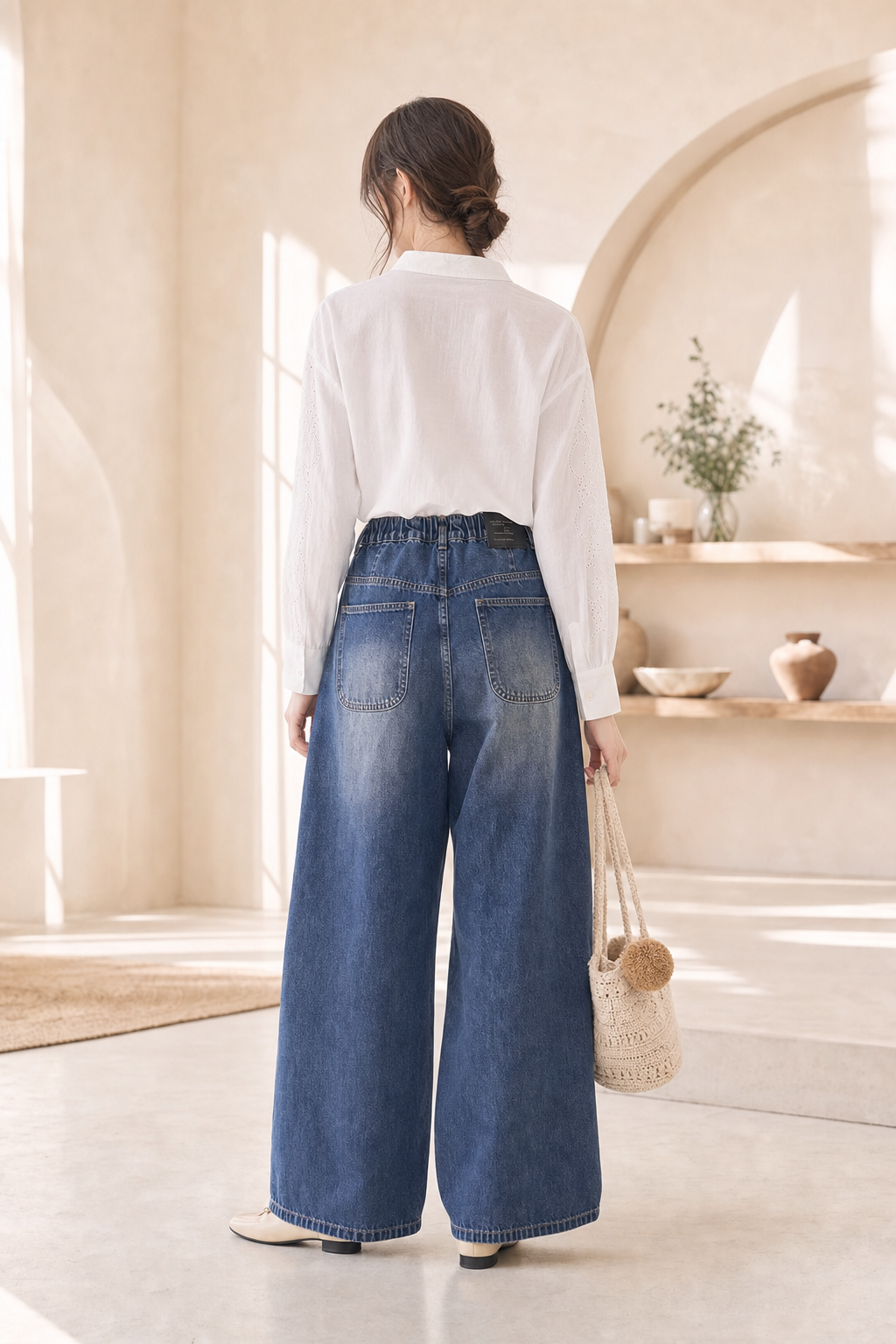 Jean large taille élastiquée à rabat