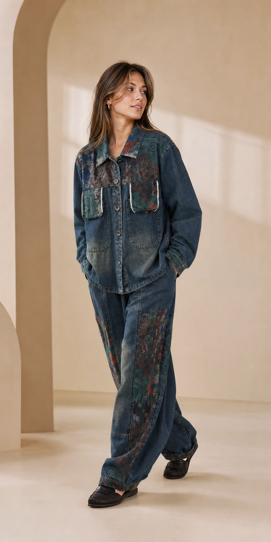 Patchwork denim set, jacket and wide-leg pants