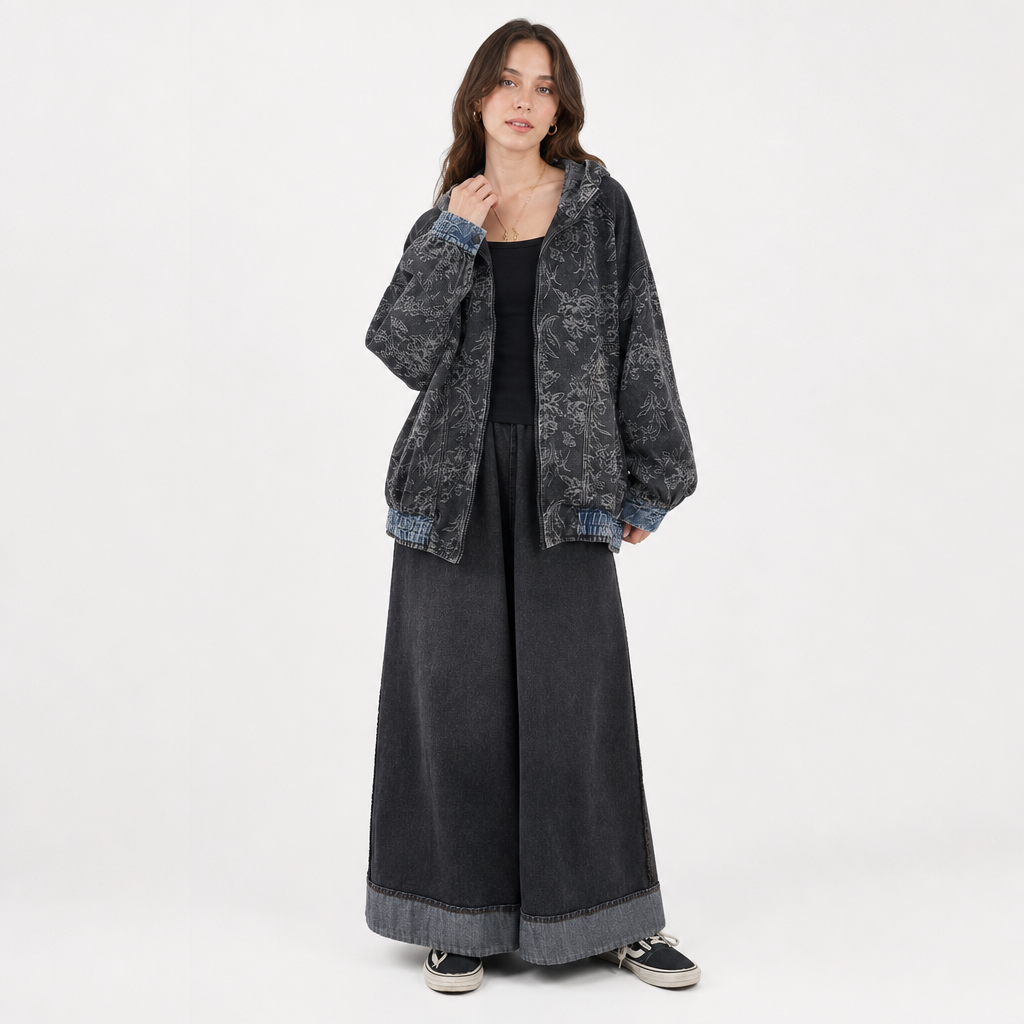 Ensemble denim jacquard fleuri veste et pantalon