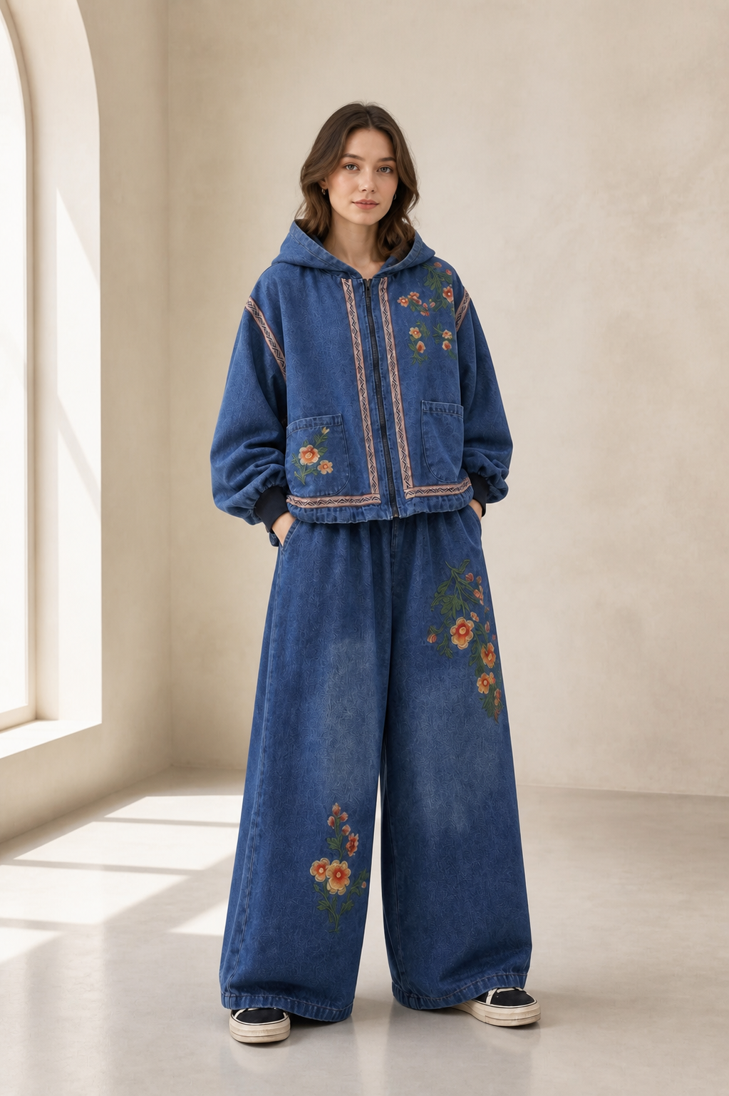 Ensemble denim brodé veste capuche et pantalon large