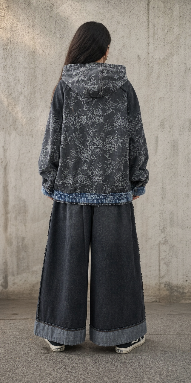 Ensemble denim jacquard fleuri veste et pantalon