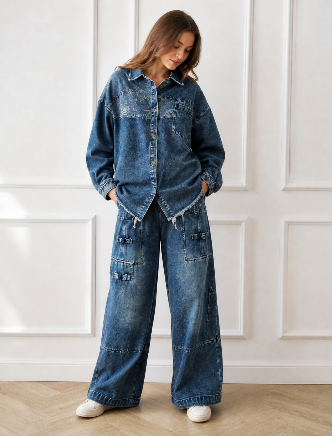 Ensemble denim surchemise frangée et pantalon large