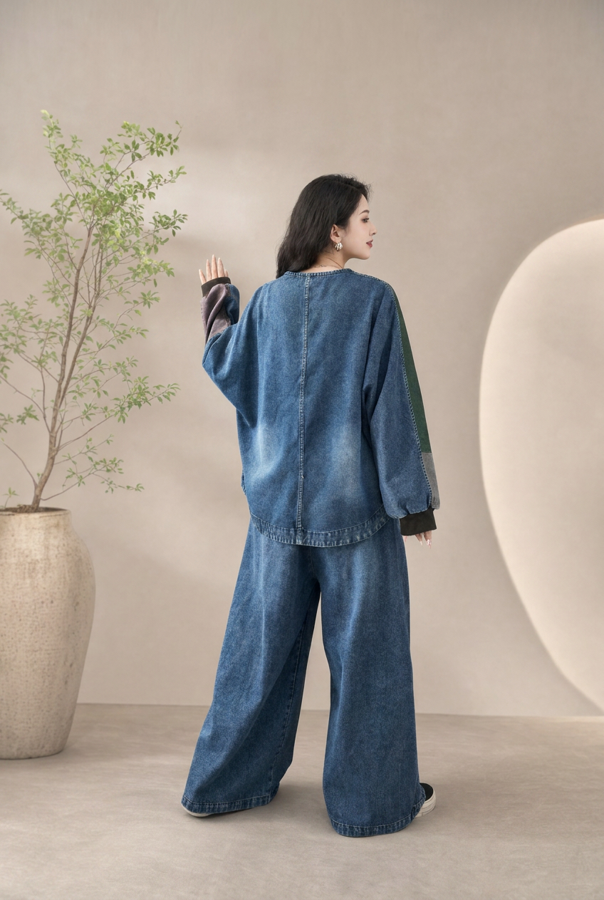 Ensemble denim veste patchwork et pantalon large