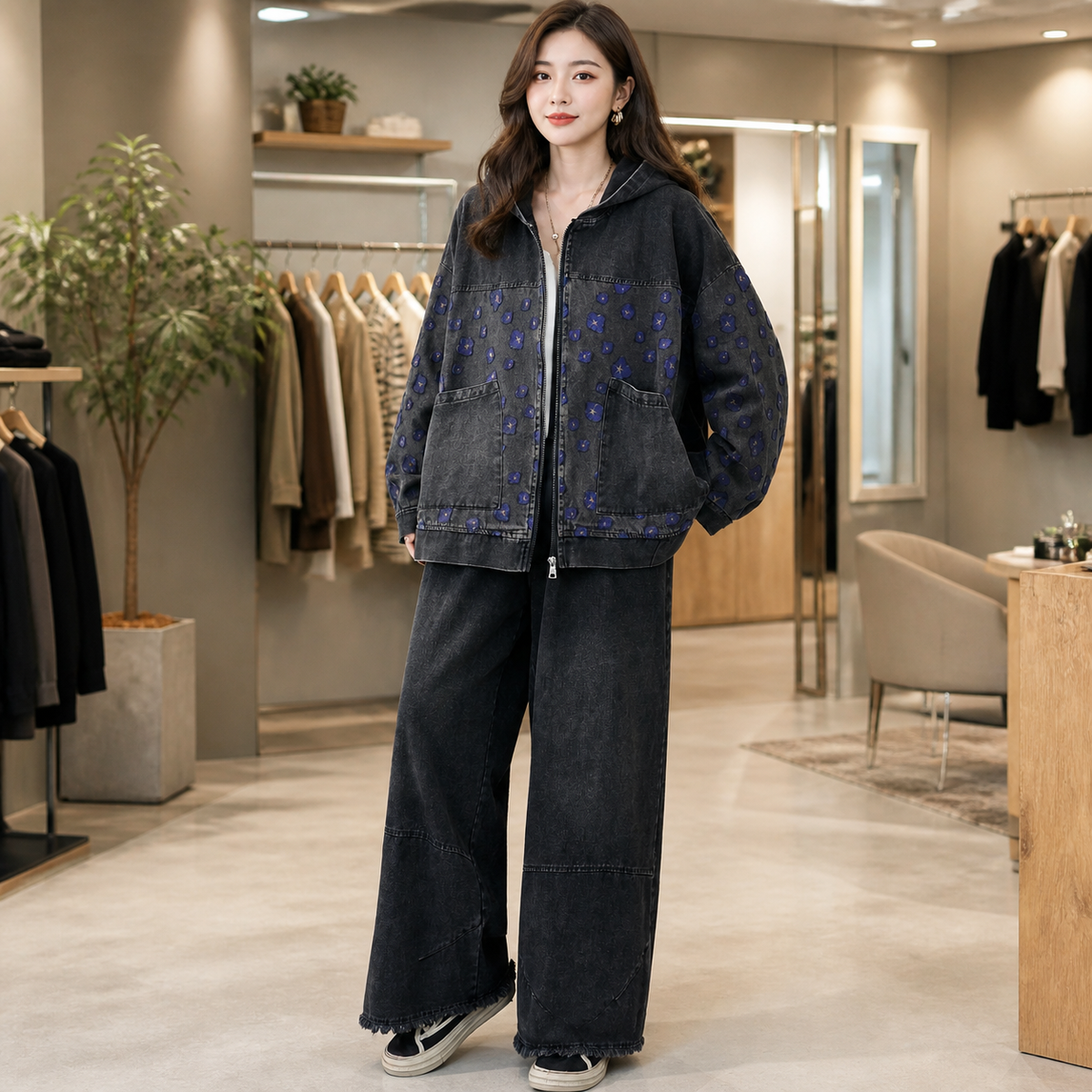 Ensemble denim imprimé veste capuche et pantalon large