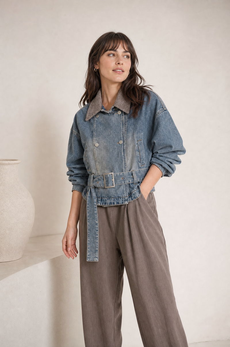 Veste courte en denim col tressé