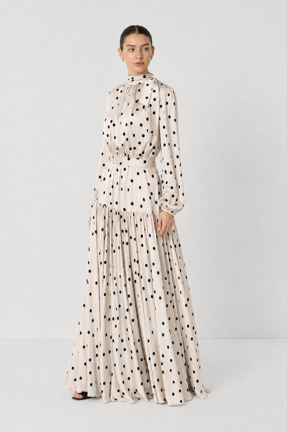 Long satin polka dot dress