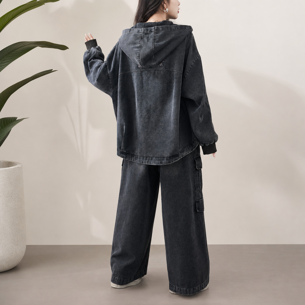 Denim set, hooded jacket and wide cargo pants