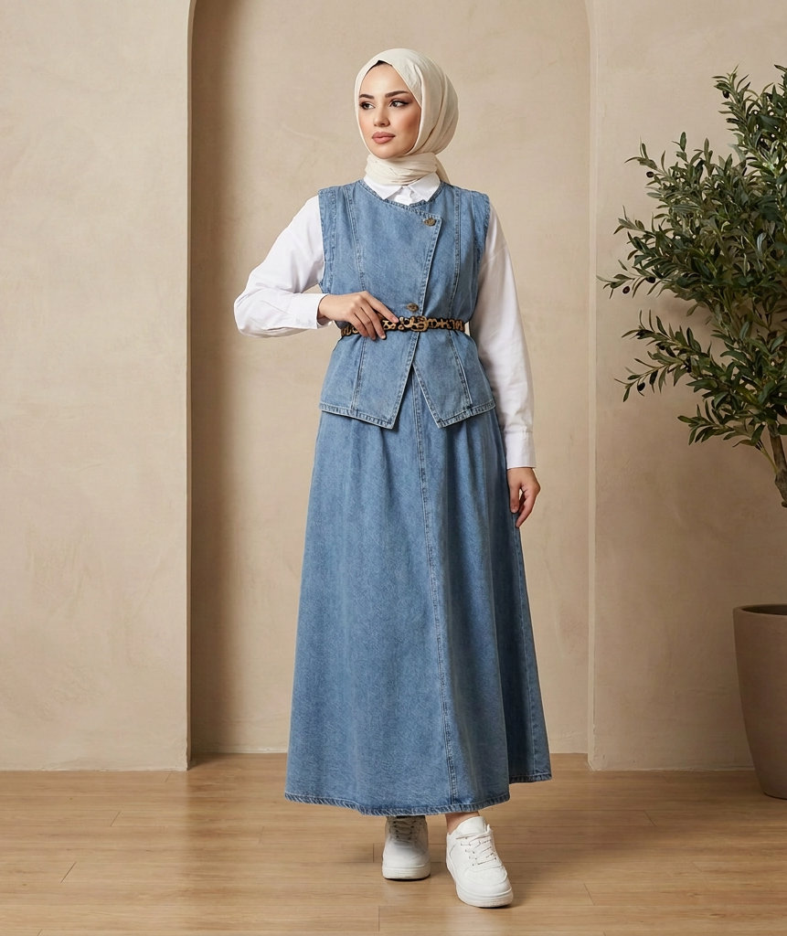 Ensemble denim gilet sans manches et jupe longue