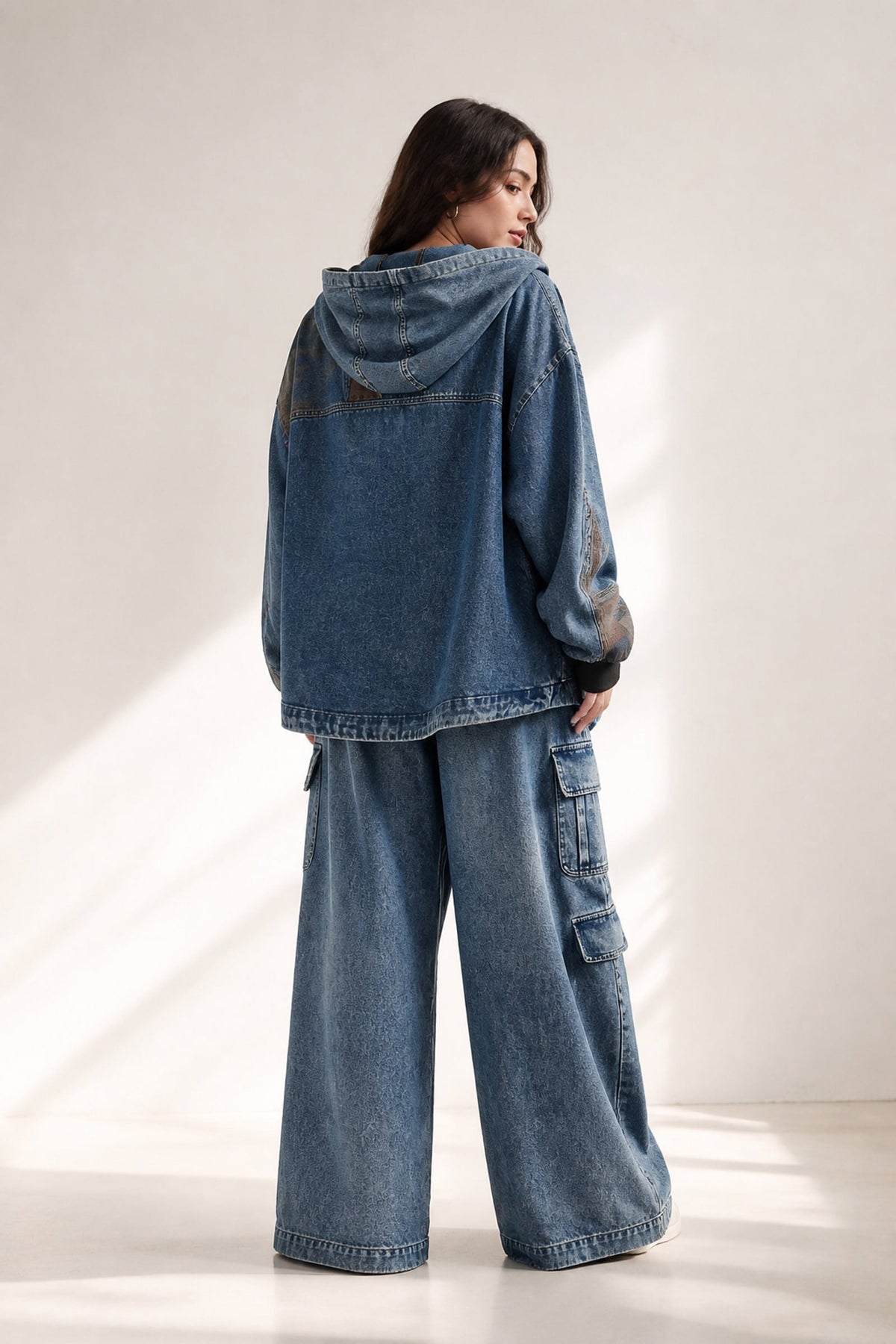 Denim set, hooded jacket and wide cargo pants
