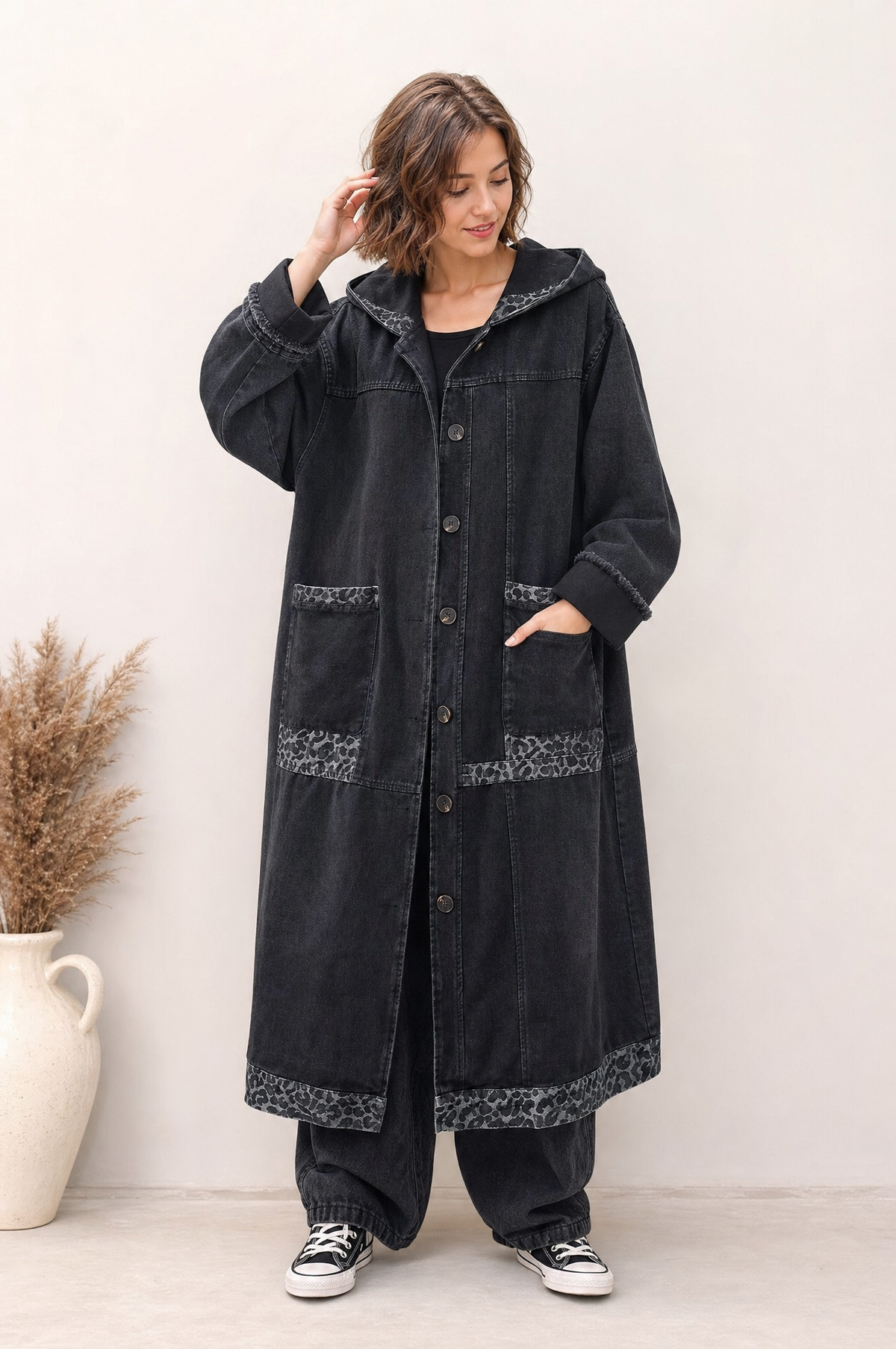 Ensemble denim manteau long à capuche et pantalon large