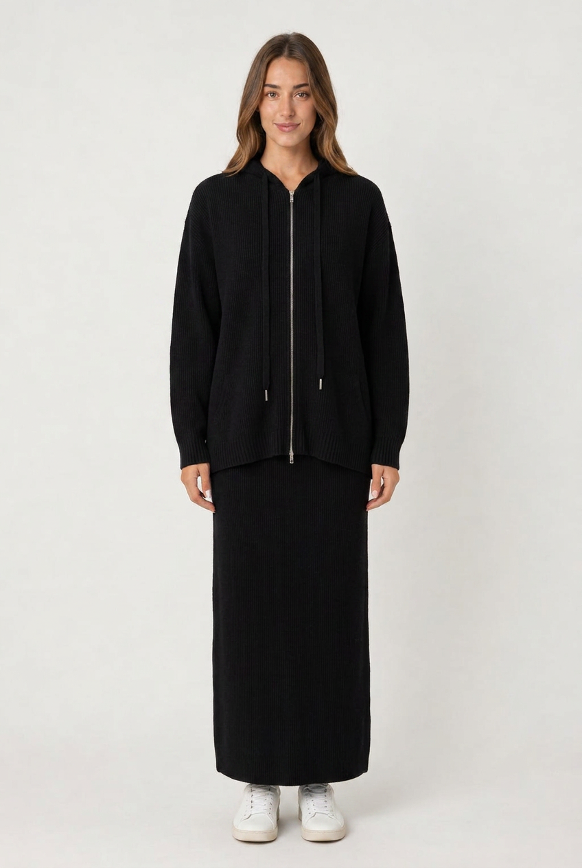 Ensemble maille côtelée veste zippée et jupe longue