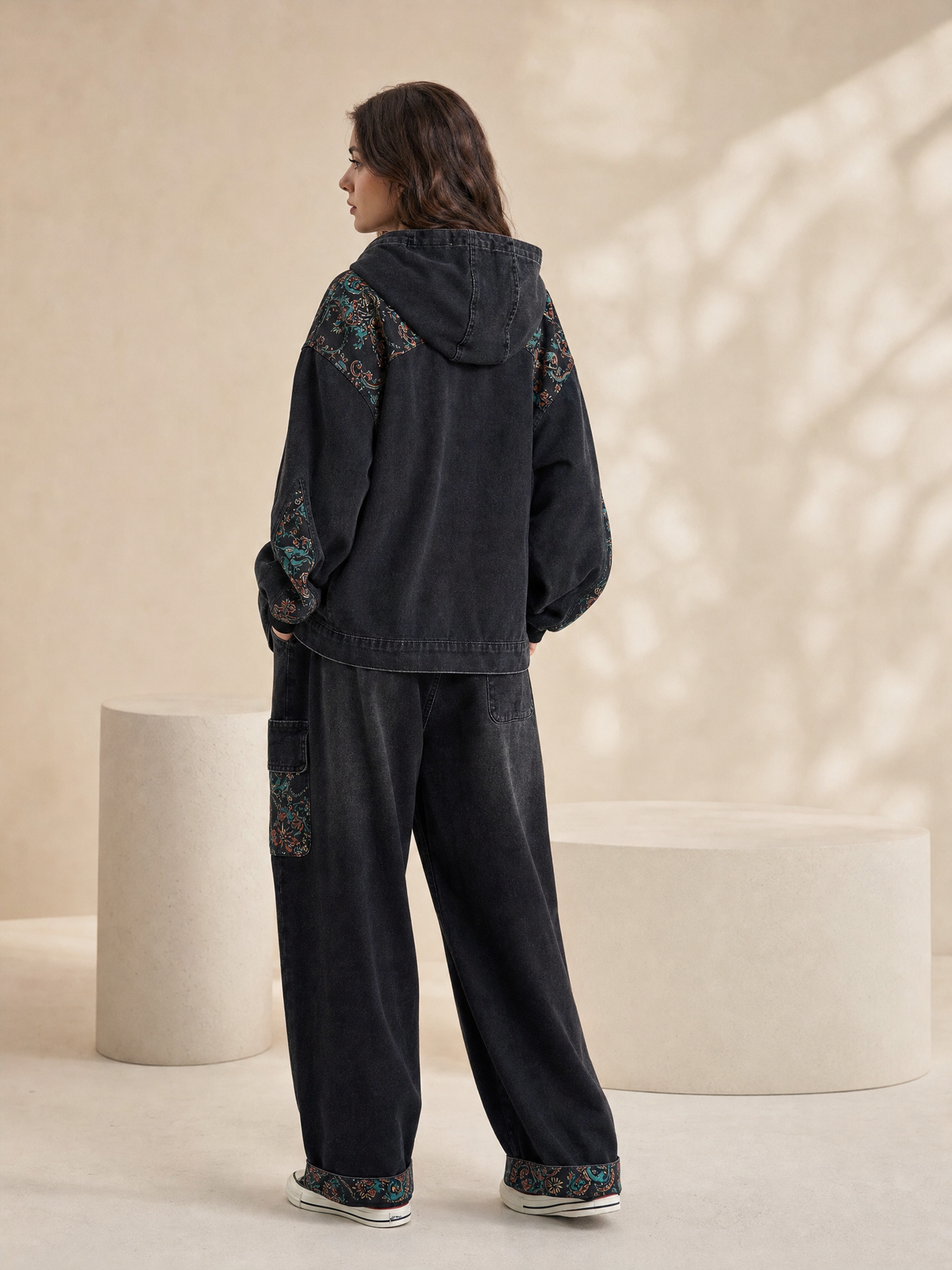 Ensemble denim paisley veste capuche et pantalon large