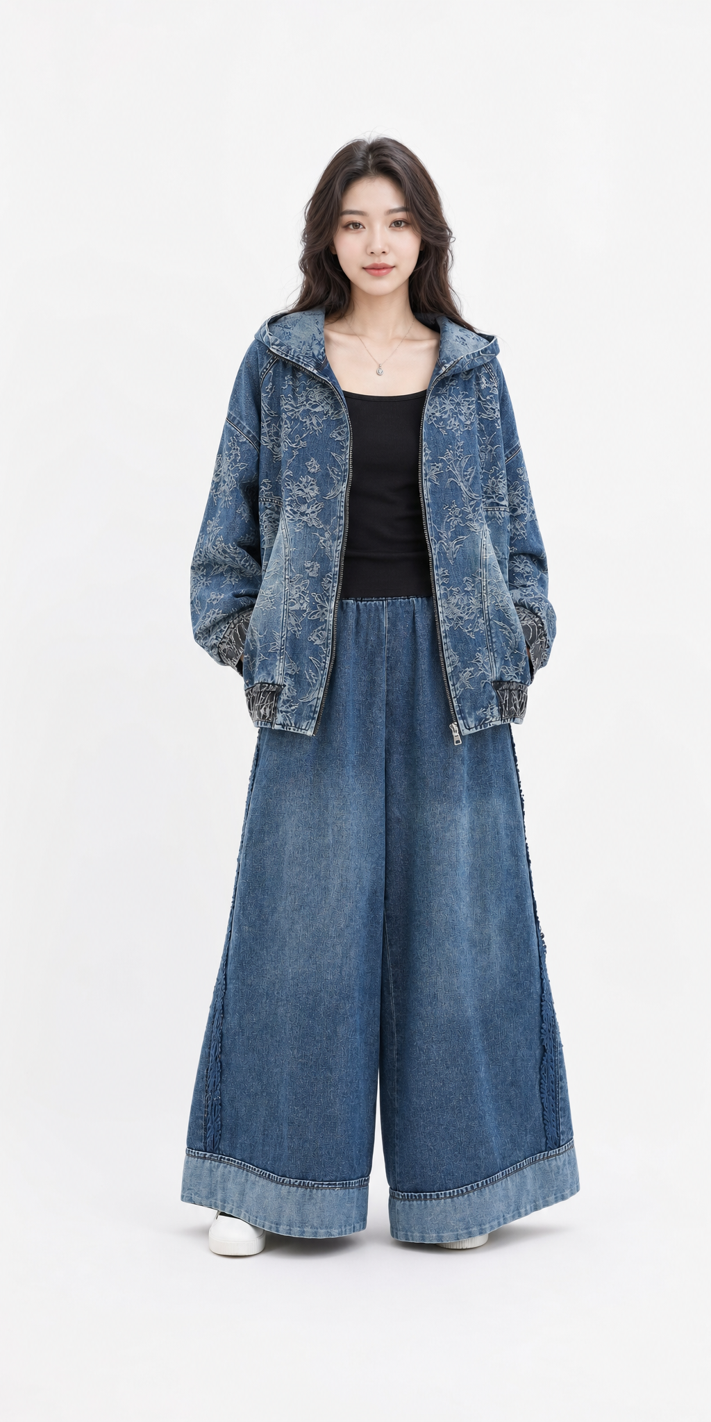 Ensemble denim jacquard fleuri veste et pantalon