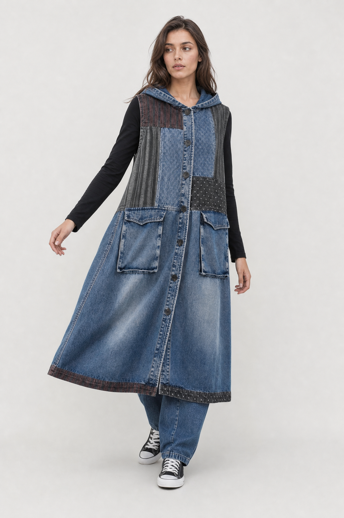 Manteau long sans manches en denim patchwork