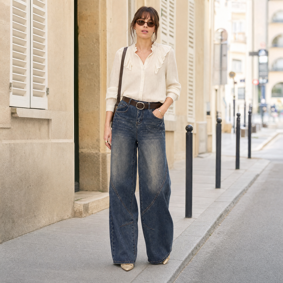 Jean barrel taille haute délavé gris ciment avec la ceinture.