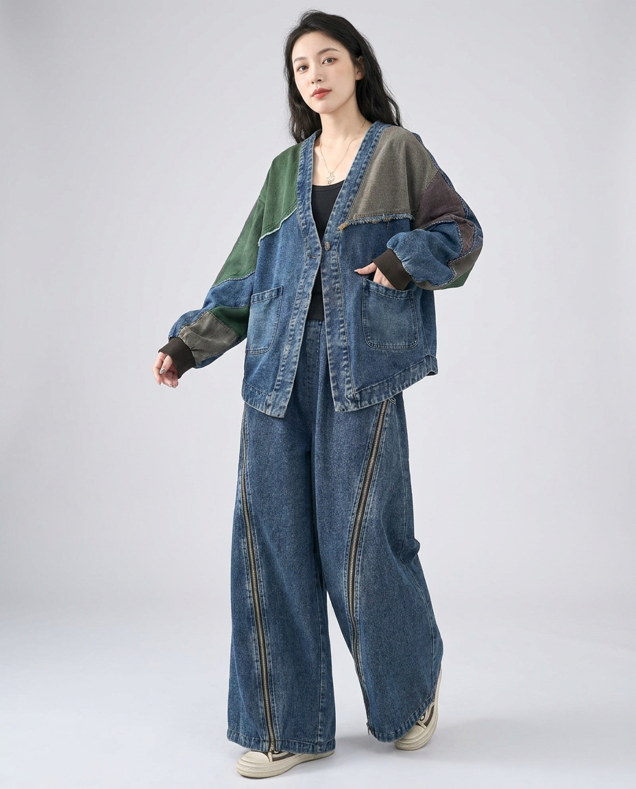 Ensemble denim veste patchwork et pantalon large