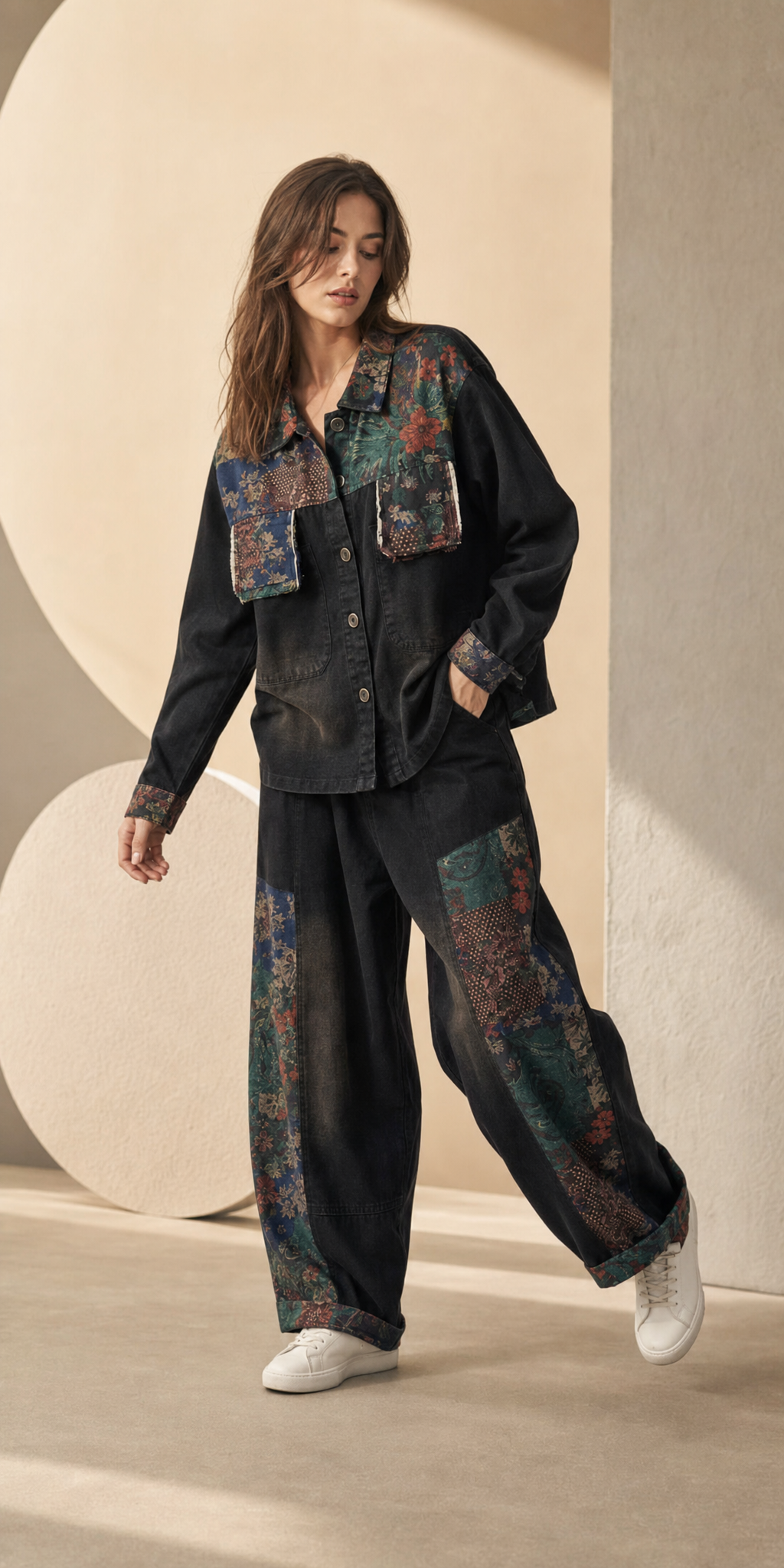 Patchwork denim set, jacket and wide-leg pants