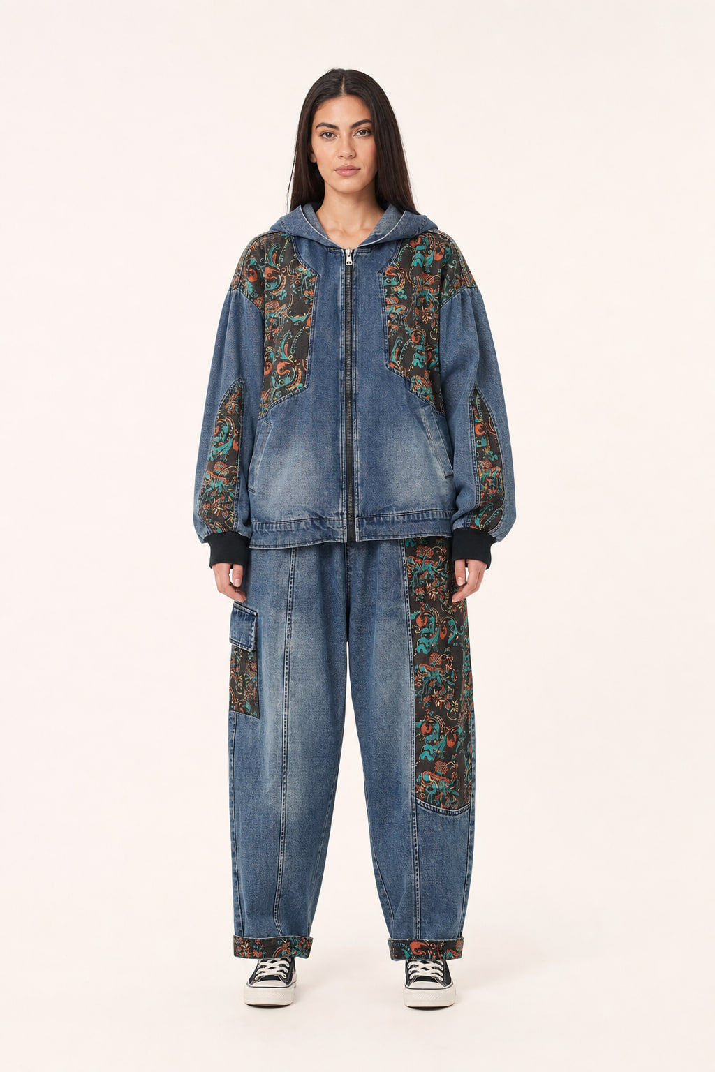 Ensemble denim paisley veste capuche et pantalon large