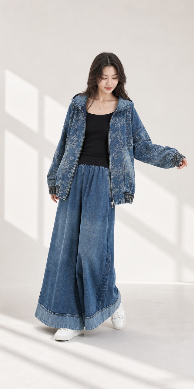 Ensemble denim jacquard fleuri veste et pantalon