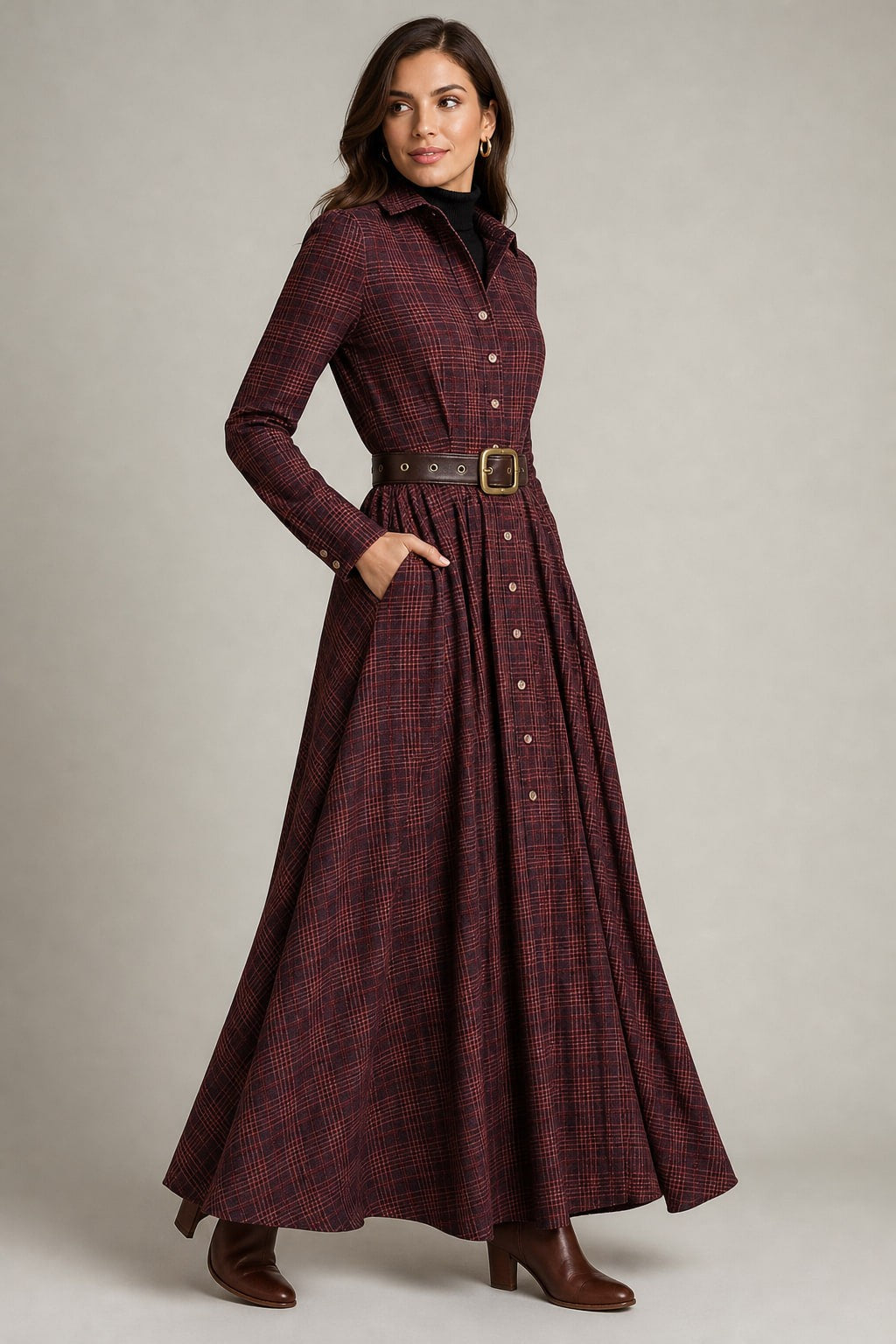 Robe chemise longue à carreaux bordeaux vue de trois-quarts, jupe ample