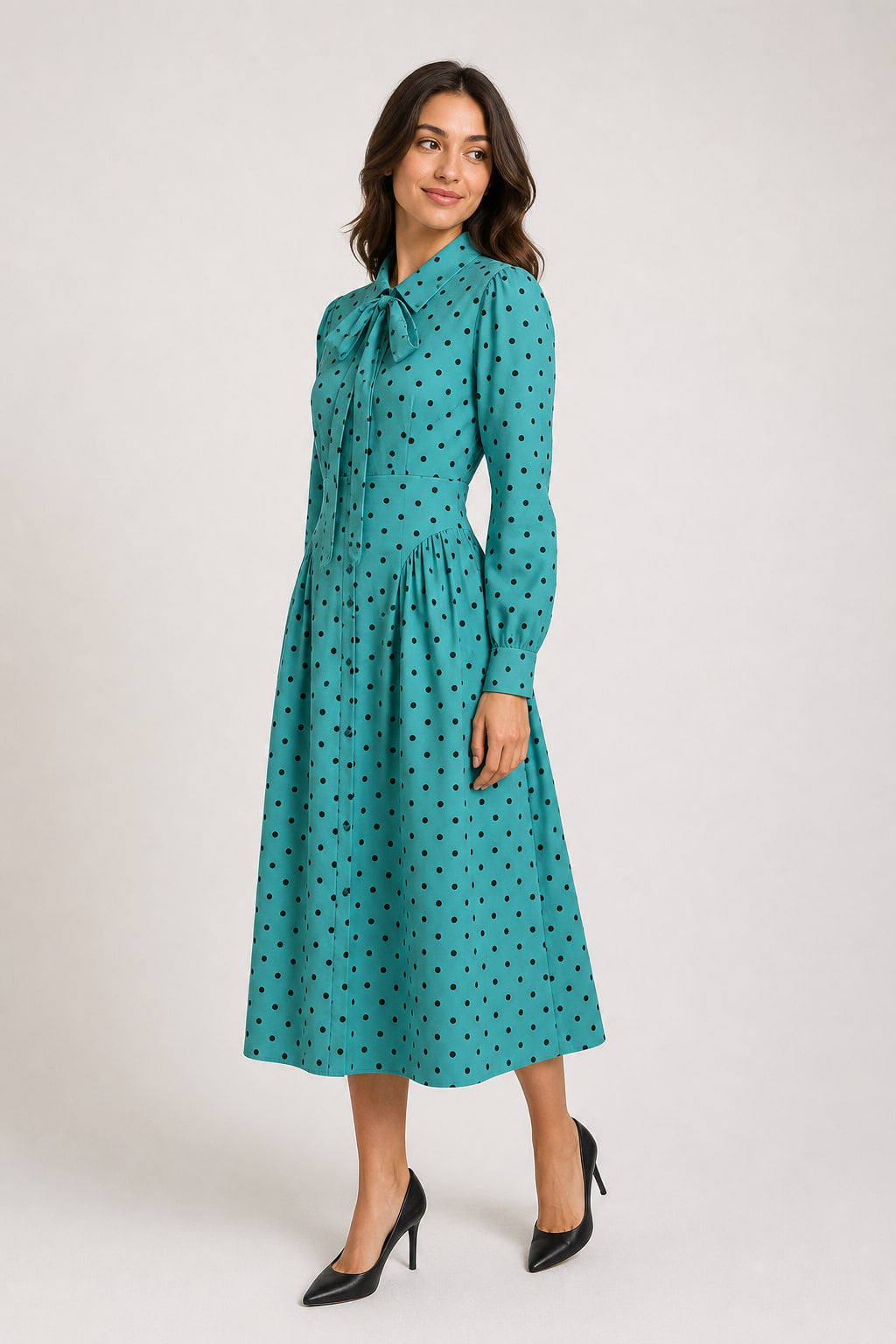 Robe à pois vue de trois quarts gauche, manche longue et poignet boutonné