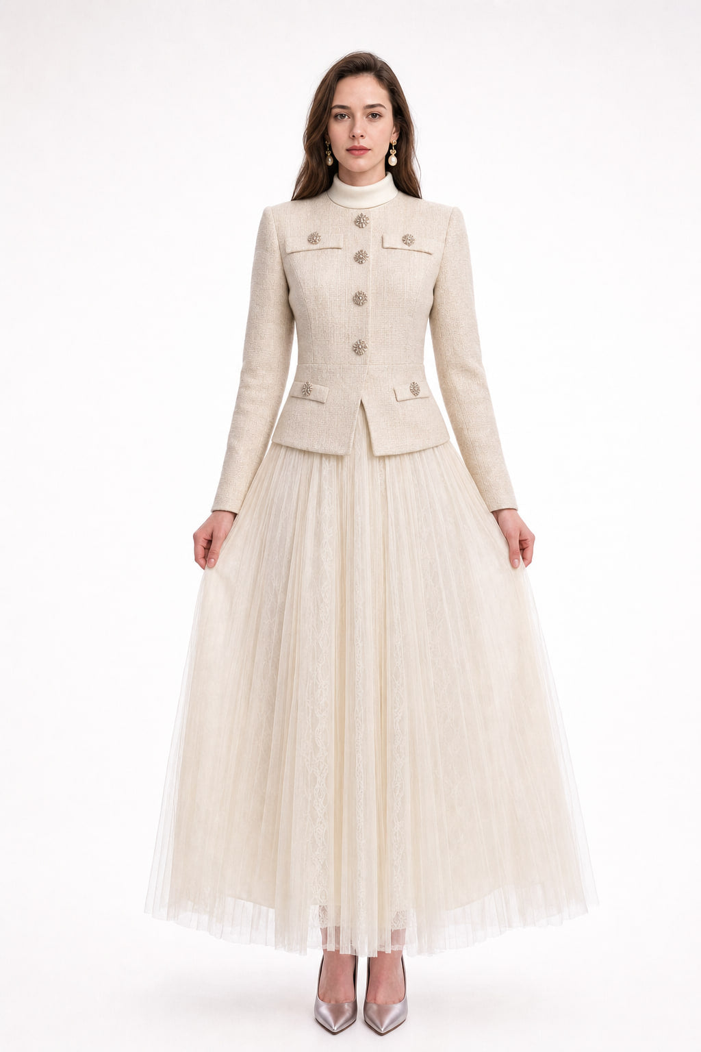 Robe longue effet deux-pièces en tweed abricot et tulle plissé, vue de face