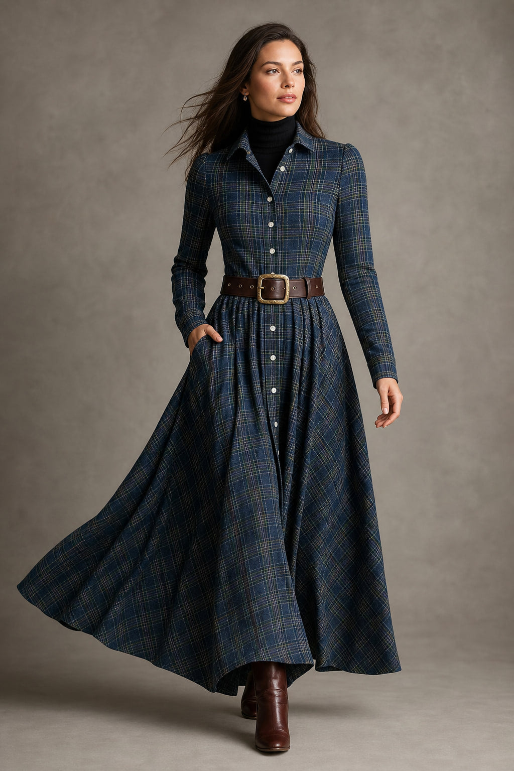 Robe chemise longue à carreaux bleus en mouvement, jupe ample en plein tombé