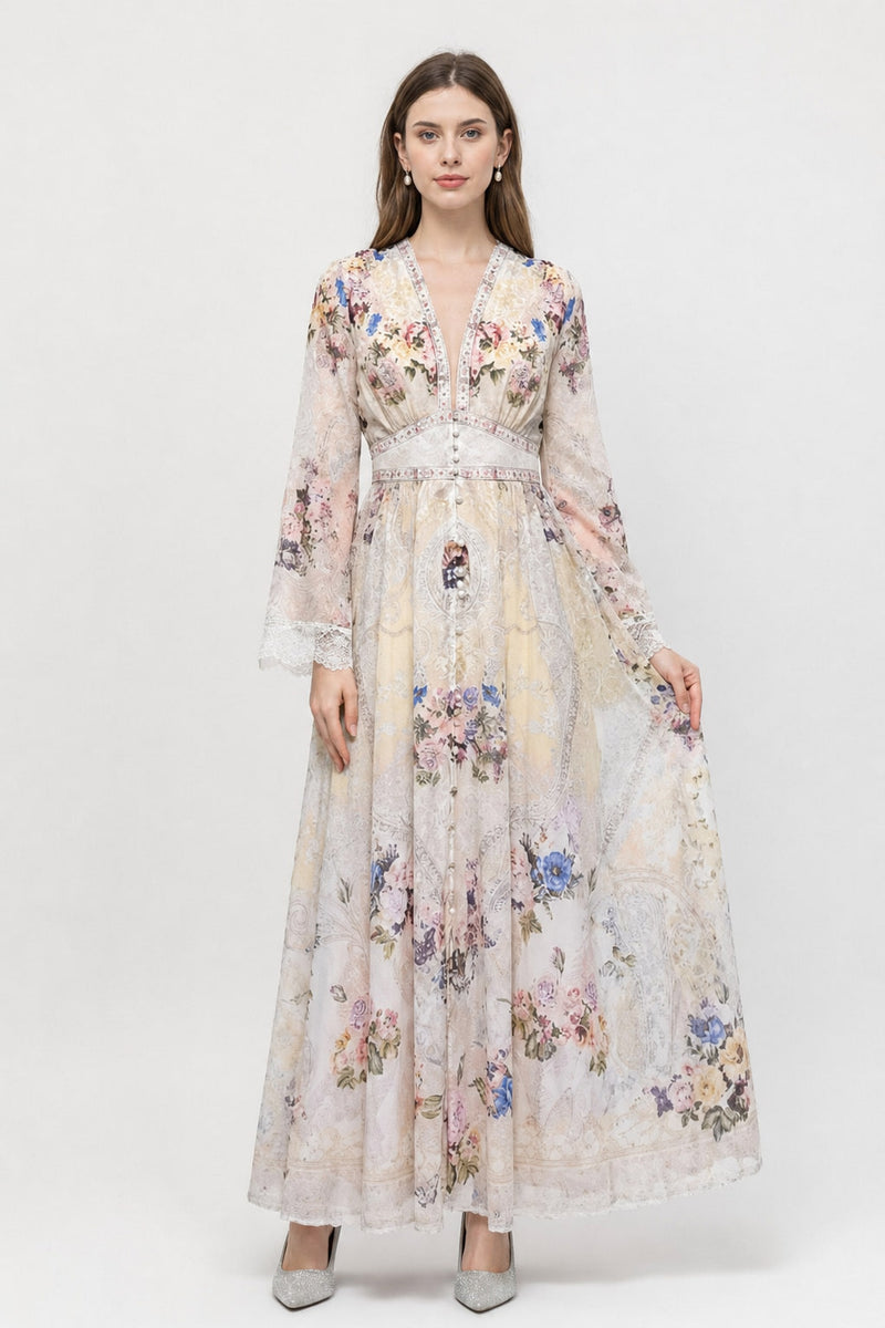 Robe longue fleurie col V à dentelle vue de face, imprimé floral sur fond crème