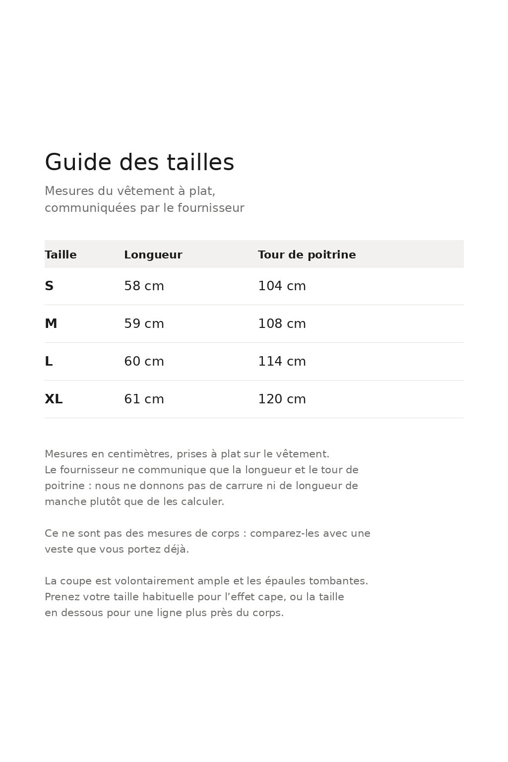 Guide des tailles : mesures du vêtement à plat communiquées par le fournisseur, longueur et tour de poitrine, du S au XL