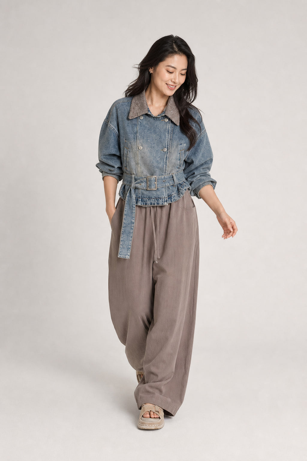 Veste courte en denim portée en mouvement, volume des manches