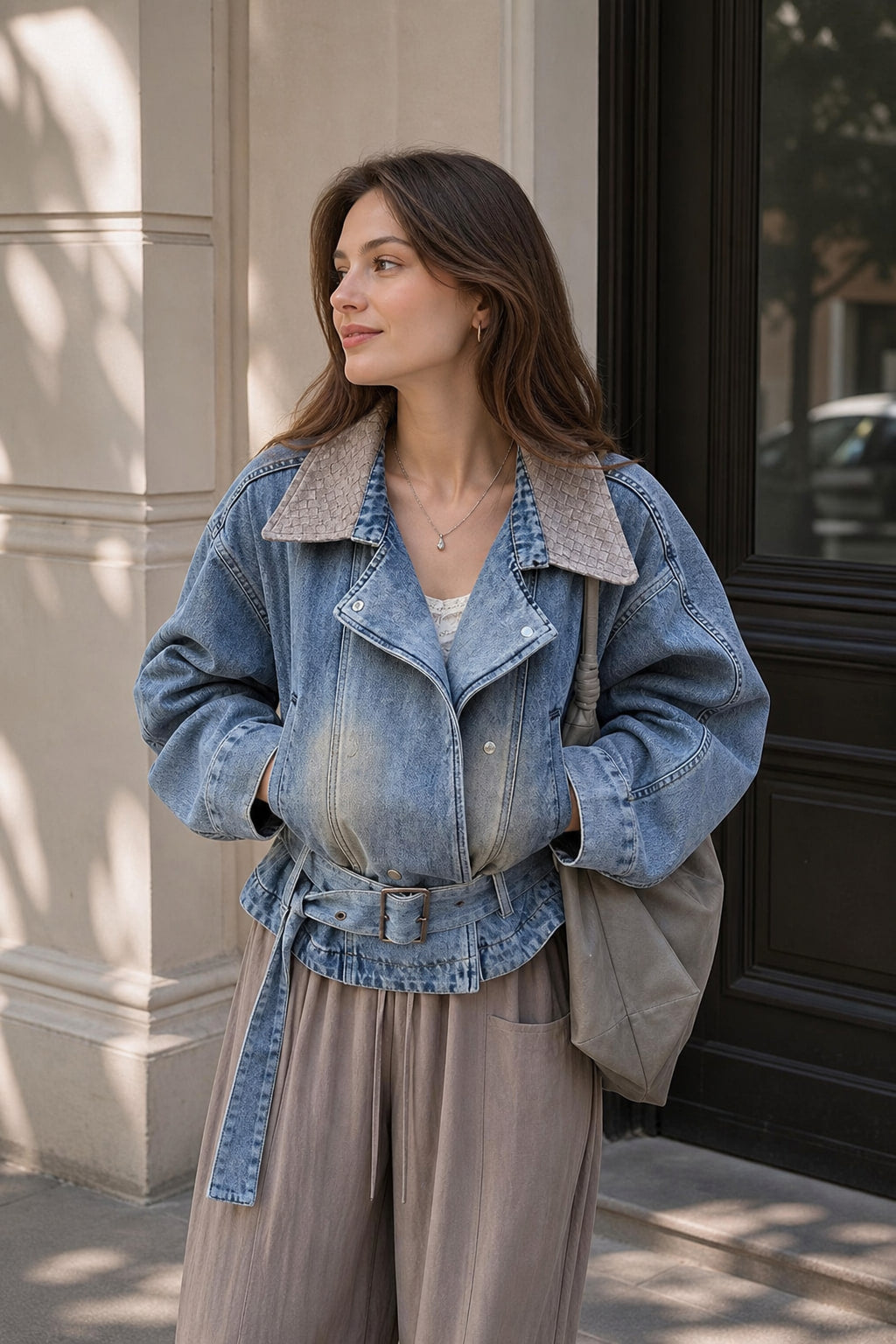 Veste en jean bleue ceinturée portée en situation avec un pantalon taille haute