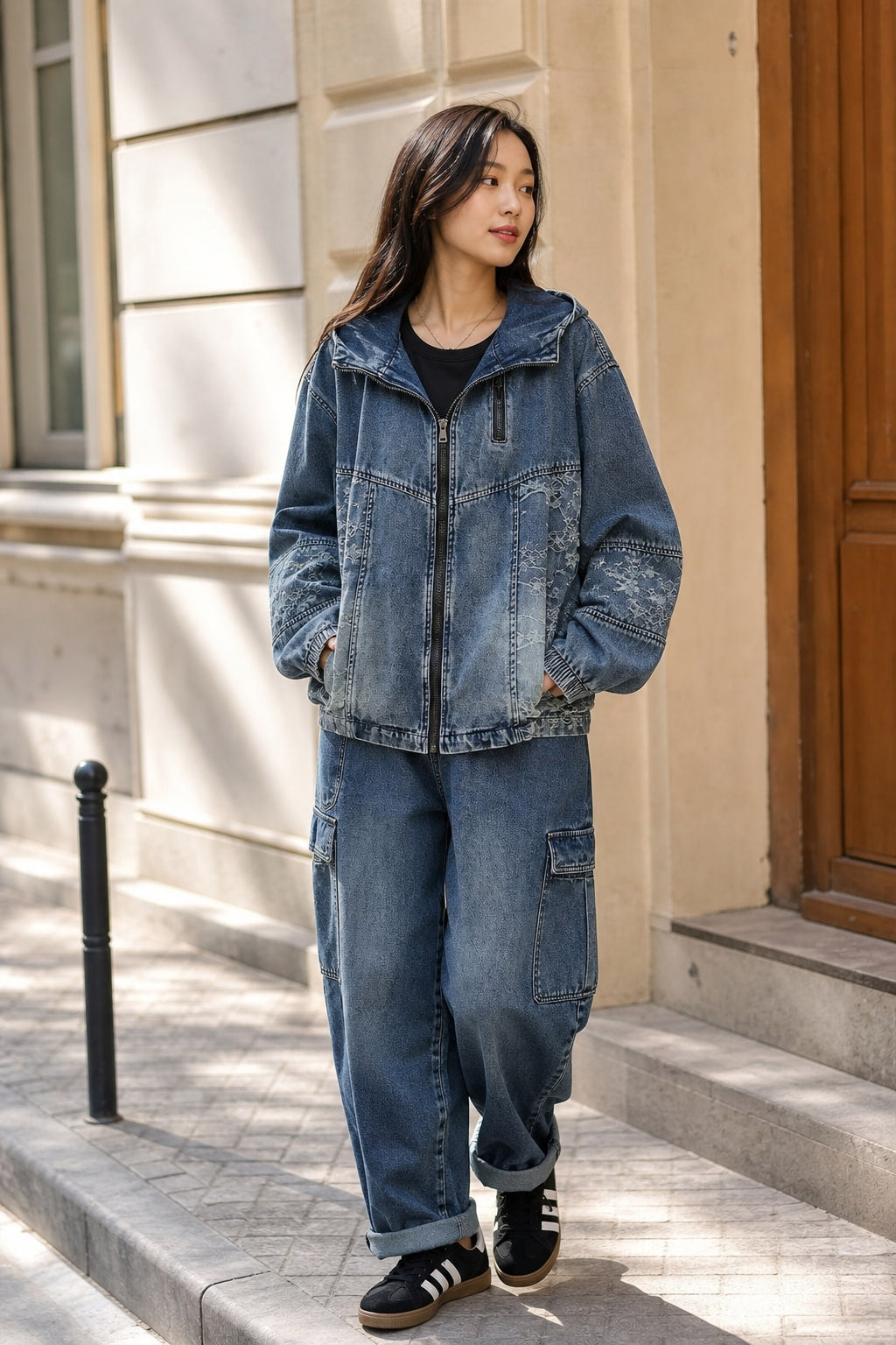 Veste en jean oversize portée en ville avec pantalon large assorti