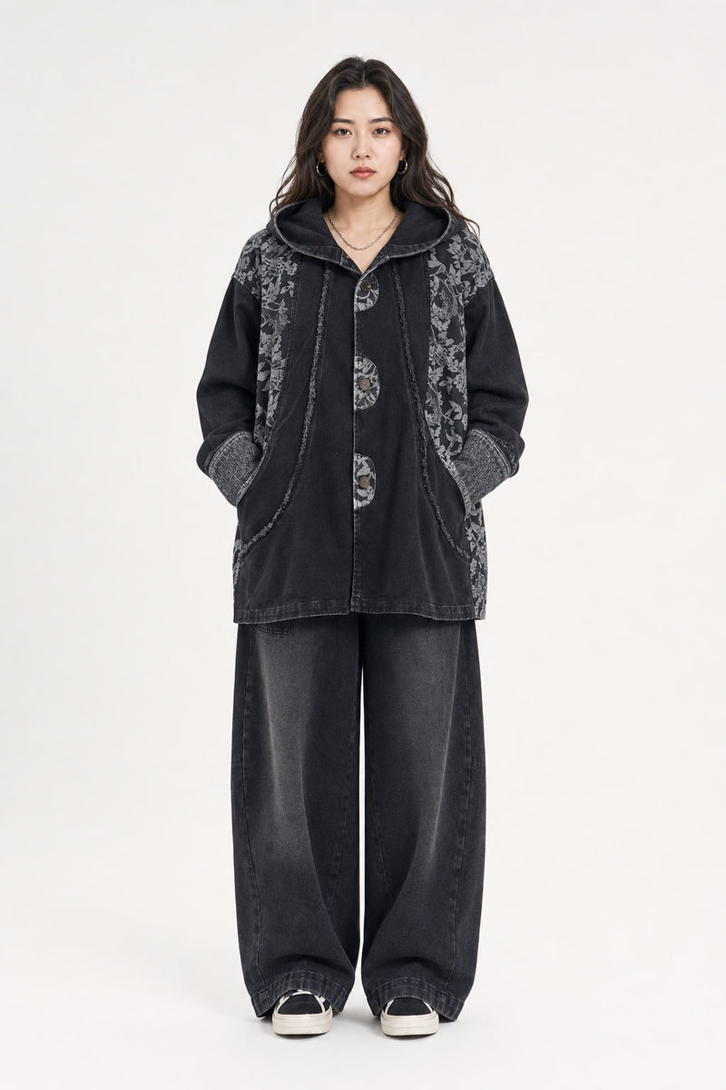 Veste en jean noire oversize à capuche imprimée, vue de face