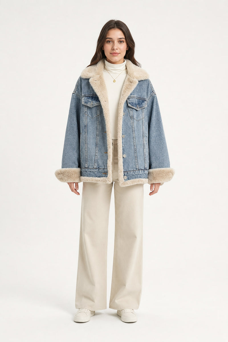Veste en jean bleu délavé doublée fourrure synthétique, vue de face, poches poitrine à rabat