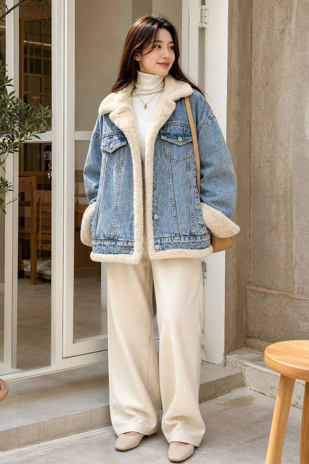 Veste en jean doublée fourrure portée en ville sur un col roulé et un jean droit