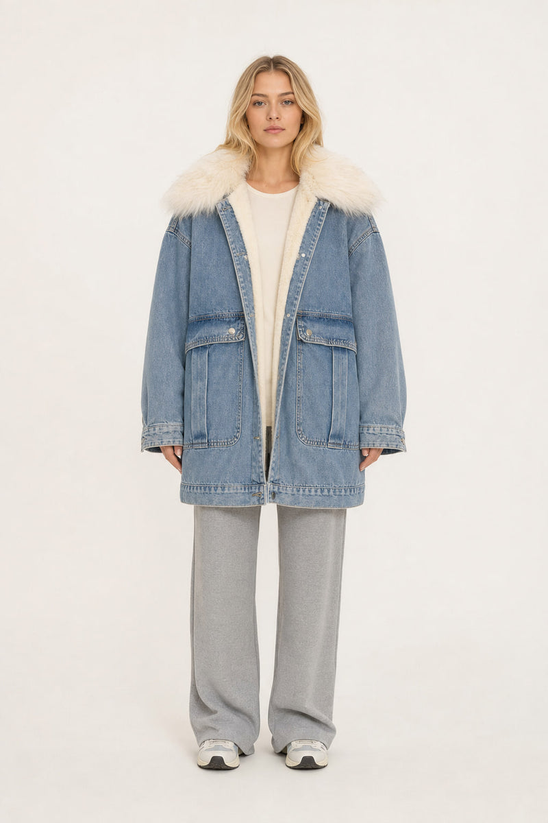 Veste en jean oversize doublée sherpa avec col en fausse fourrure, vue de face