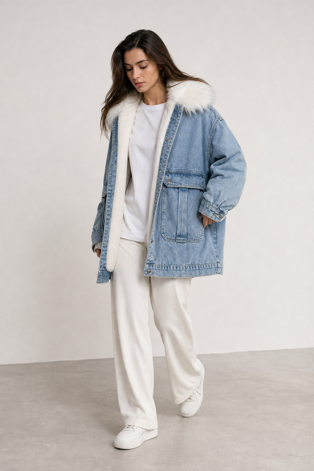 Veste en jean oversize portée ouverte, en mouvement