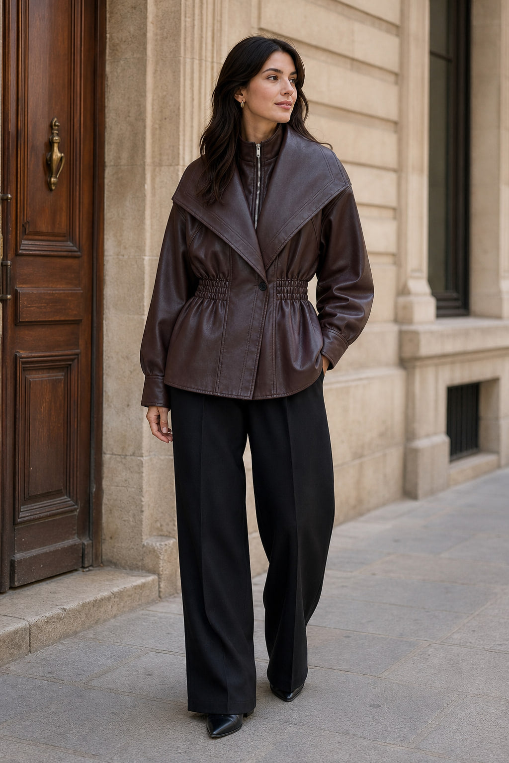 Veste en simili cuir portée en situation urbaine avec un jean droit